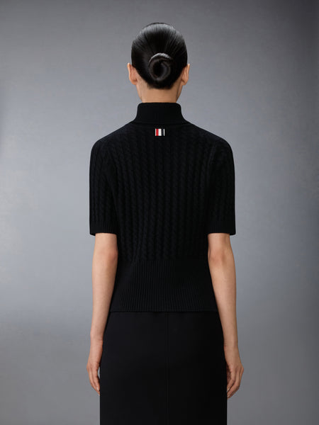CASHMERE BABY CABLE STITCH  SHORT SLEEVE TURTLENECK BLACK