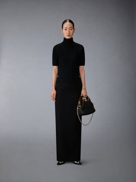 CASHMERE BABY CABLE STITCH  SHORT SLEEVE TURTLENECK BLACK