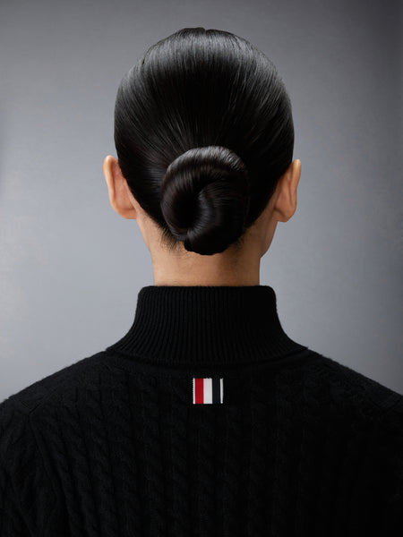 CASHMERE BABY CABLE STITCH  SHORT SLEEVE TURTLENECK BLACK