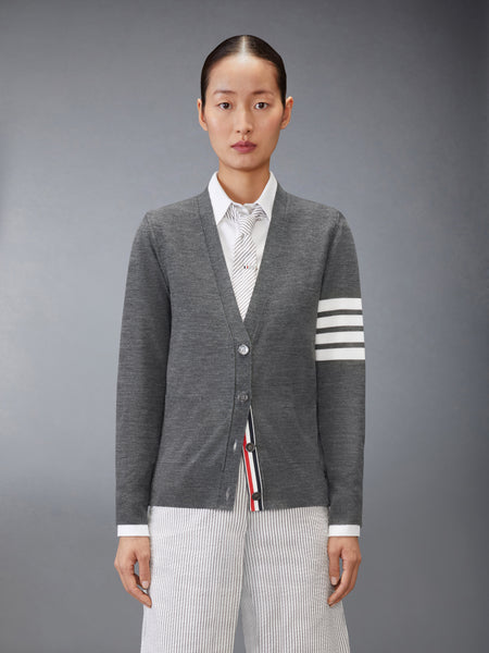 MERINO WOOL 4-BAR RELAXED FIT V-NECK CARDIGAN MED GREY