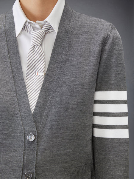 MERINO WOOL 4-BAR RELAXED FIT V-NECK CARDIGAN MED GREY