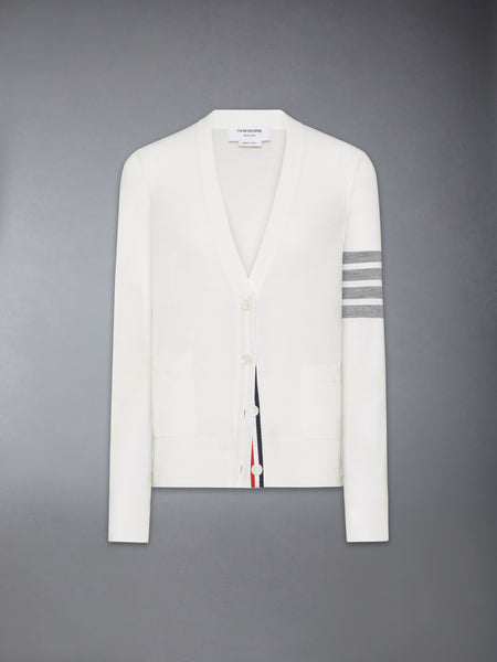 MERINO WOOL 4-BAR RELAXED FIT V-NECK CARDIGAN WHITE