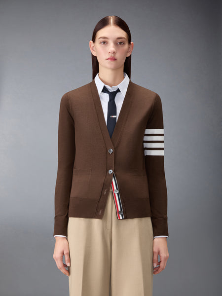 MERINO WOOL 4-BAR RELAXED FIT V-NECK CARDIGAN DARK BROWN