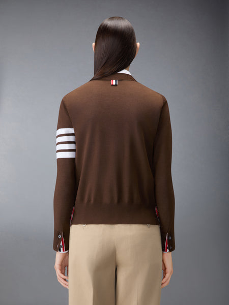 MERINO WOOL 4-BAR RELAXED FIT V-NECK CARDIGAN DARK BROWN