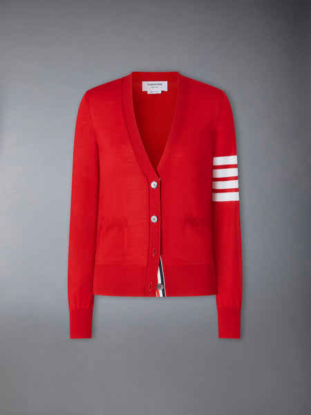 MERINO WOOL 4-BAR RELAXED FIT V-NECK CARDIGAN RED