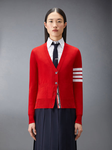 MERINO WOOL 4-BAR RELAXED FIT V-NECK CARDIGAN RED