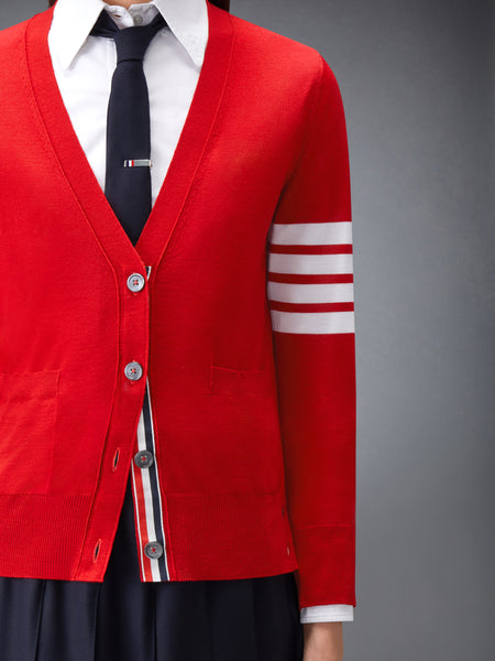 MERINO WOOL 4-BAR RELAXED FIT V-NECK CARDIGAN RED