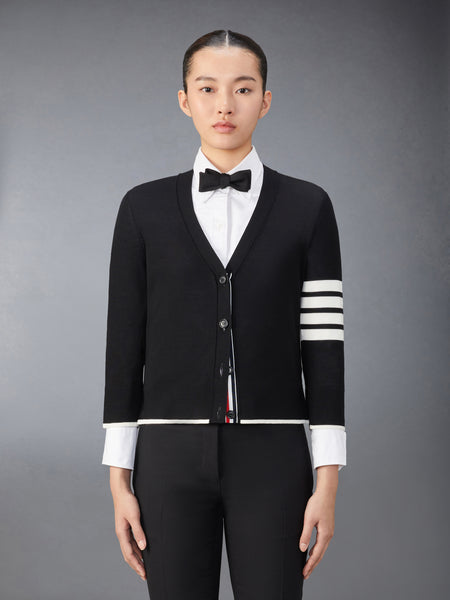 MERINO WOOL 4-BAR RELAXED FIT V-NECK CARDIGAN BLACK