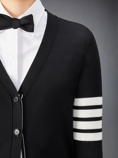MERINO WOOL 4-BAR RELAXED FIT V-NECK CARDIGAN BLACK
