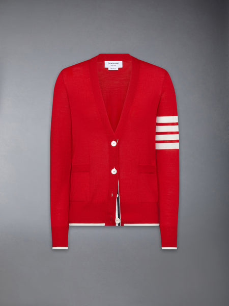 MERINO WOOL 4-BAR RELAXED FIT V-NECK CARDIGAN RED