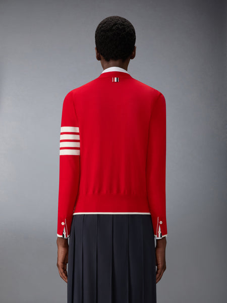 MERINO WOOL 4-BAR RELAXED FIT V-NECK CARDIGAN RED