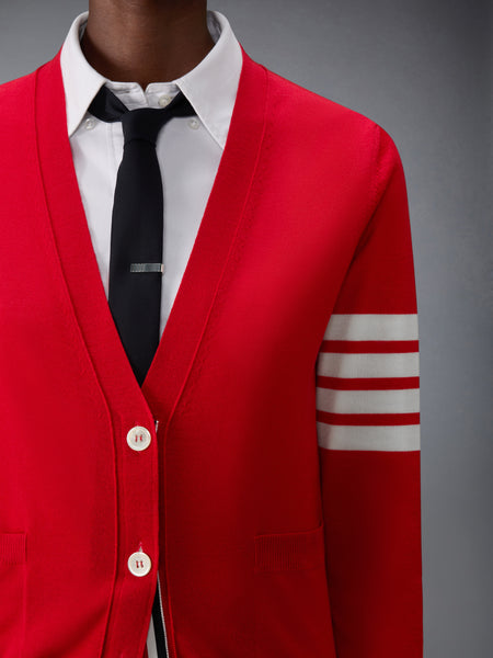 MERINO WOOL 4-BAR RELAXED FIT V-NECK CARDIGAN RED