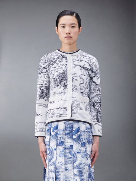 Cashmere Nautical Toile Jersey Silk Lined Crew Neck Cardigan BLK/WHT