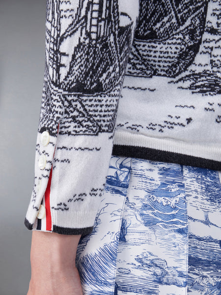 Cashmere Nautical Toile Jersey Silk Lined Crew Neck Cardigan BLK/WHT