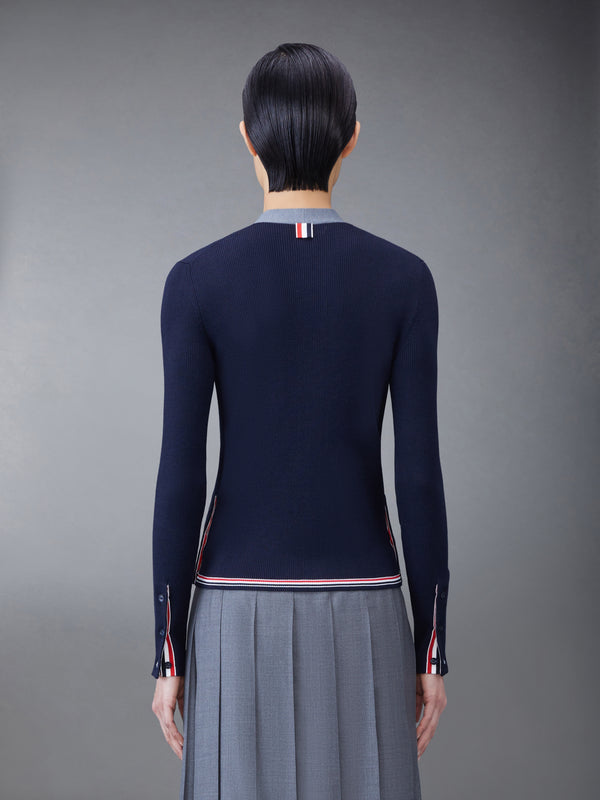 Wool Silk Rib Stripe Neck Tie V-neck Cardigan - image 2