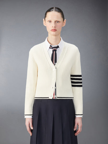 MERINO WOOL 4-BAR CROPPED CARDIGAN WHITE