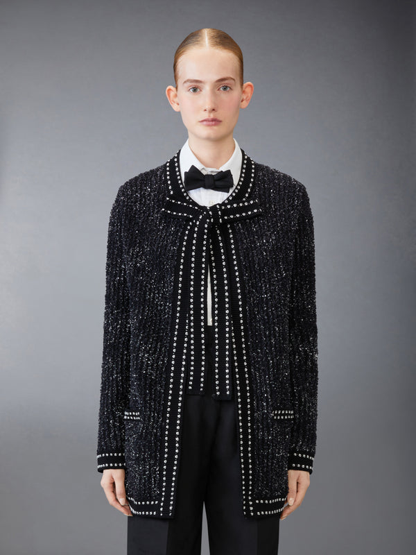 EYELASH TWEED JACQUARD NECK TIE CARDIGAN - image 1