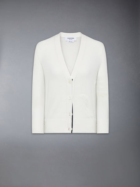 FEATHER INTARSIA POINTELLE 4-BAR V NECK CARDIGAN WHITE