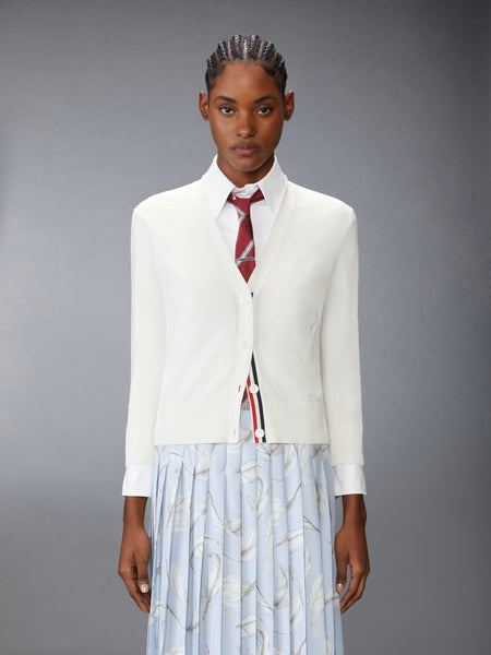 FEATHER INTARSIA POINTELLE 4-BAR V NECK CARDIGAN WHITE