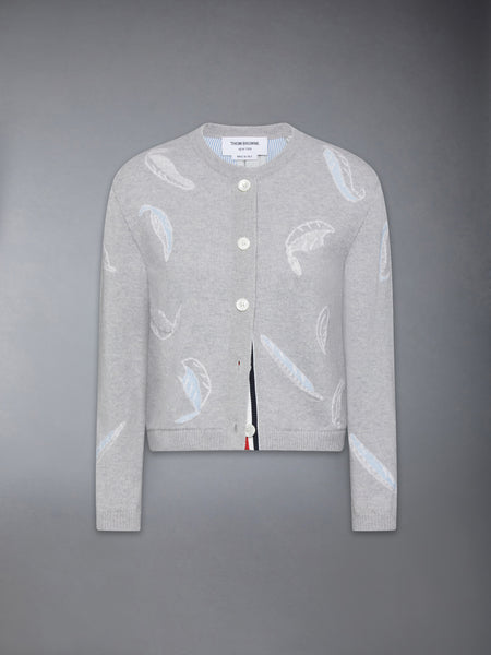 FEATHER INTARSIA PRINTED SILK TWILL CREW NECK CARDIGAN PALE GREY