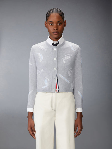 FEATHER INTARSIA PRINTED SILK TWILL CREW NECK CARDIGAN PALE GREY