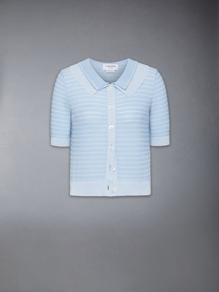 STRIPED TUCK STITCH SHORT SLEEVE CARDIGAN LIGHT BLUE