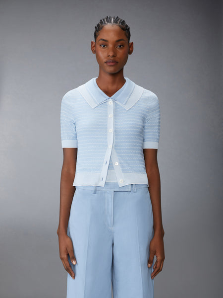 STRIPED TUCK STITCH SHORT SLEEVE CARDIGAN LIGHT BLUE