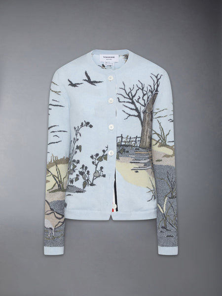 SCENIC INTARSIA SILK TWILL CASHMERE CARDIGAN LIGHT BLUE