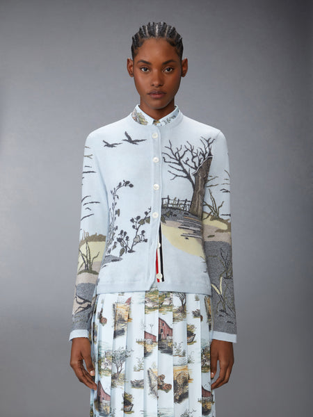 SCENIC INTARSIA SILK TWILL CASHMERE CARDIGAN LIGHT BLUE