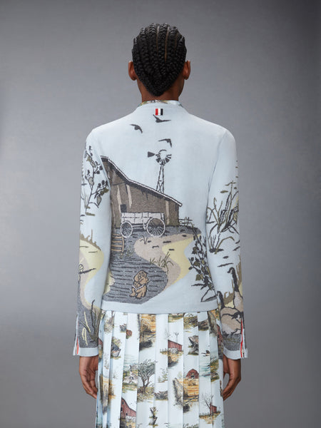 SCENIC INTARSIA SILK TWILL CASHMERE CARDIGAN LIGHT BLUE