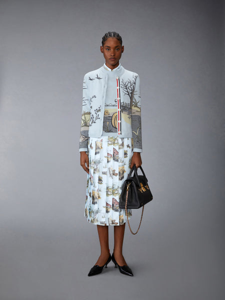 SCENIC INTARSIA SILK TWILL CASHMERE CARDIGAN LIGHT BLUE