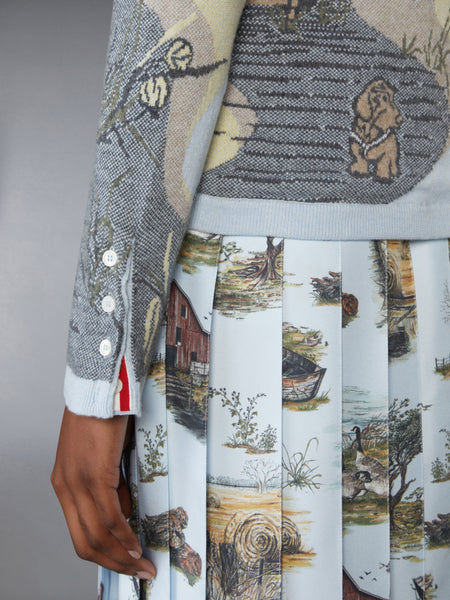 SCENIC INTARSIA SILK TWILL CASHMERE CARDIGAN LIGHT BLUE