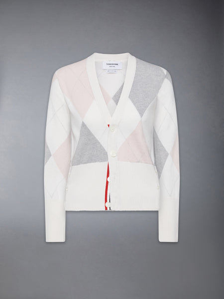 ARGYLE INTARSIA CASHMERE V NECK CARDIGAN WHITE