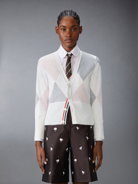 ARGYLE INTARSIA CASHMERE V NECK CARDIGAN WHITE