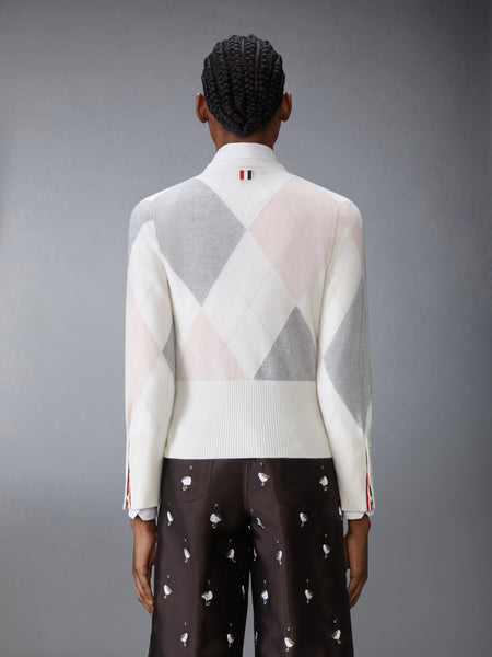 ARGYLE INTARSIA CASHMERE V NECK CARDIGAN WHITE