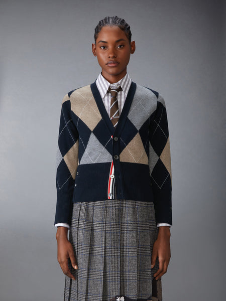 ARGYLE INTARSIA CASHMERE V NECK CARDIGAN NAVY