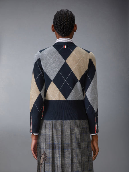 ARGYLE INTARSIA CASHMERE V NECK CARDIGAN NAVY