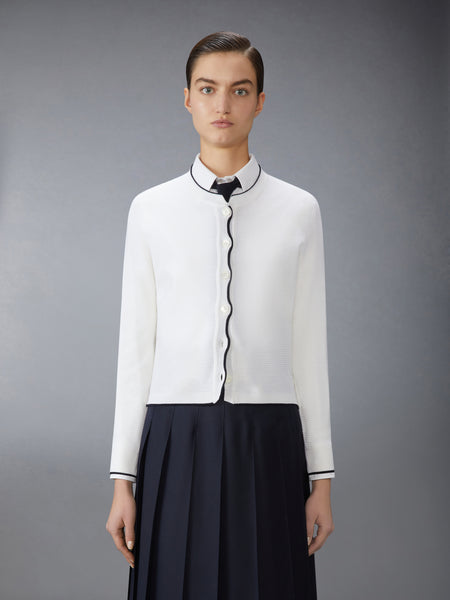 WOOL CREPE 4-BAR CREW NECK CARDIGAN WHITE