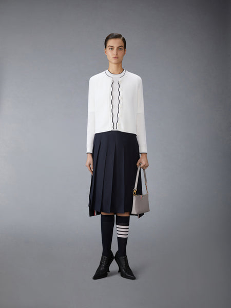 WOOL CREPE 4-BAR CREW NECK CARDIGAN WHITE