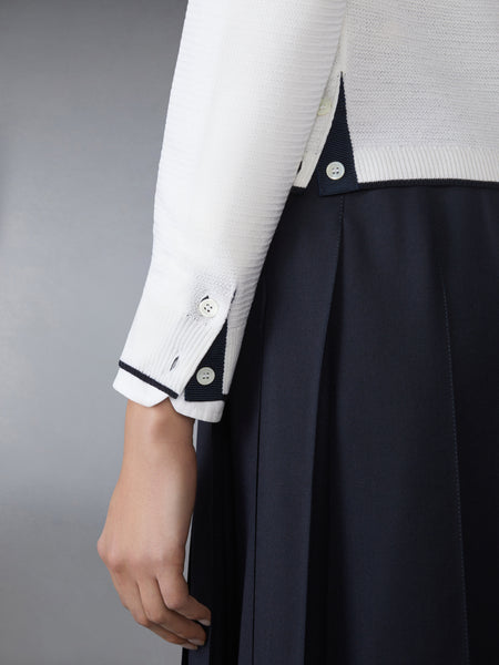 WOOL CREPE 4-BAR CREW NECK CARDIGAN WHITE