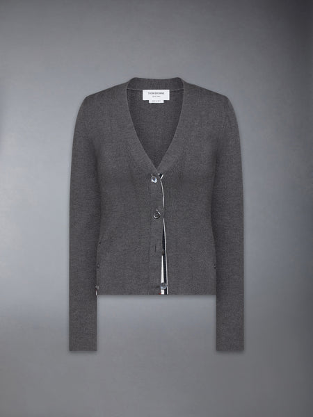 WOOL SILK POINTELLE V NECK CARDIGAN MEDIUM GREY