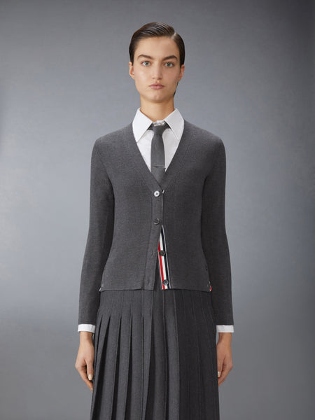 WOOL SILK POINTELLE V NECK CARDIGAN MEDIUM GREY