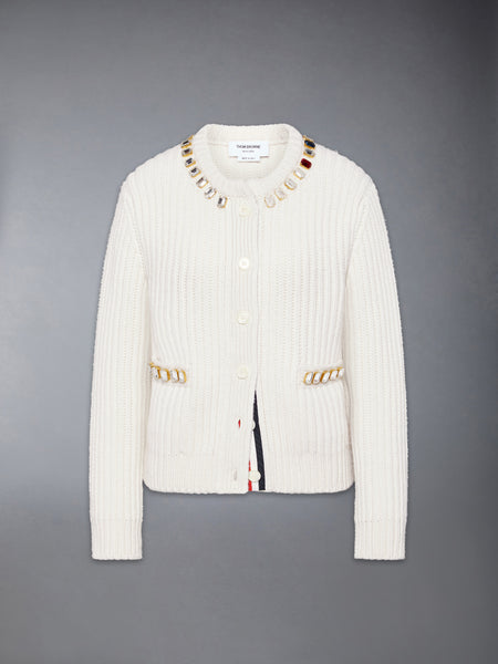 SWAROVSKI CRYSTAL HALF STITCH CASHMERE CARDIGAN WHITE