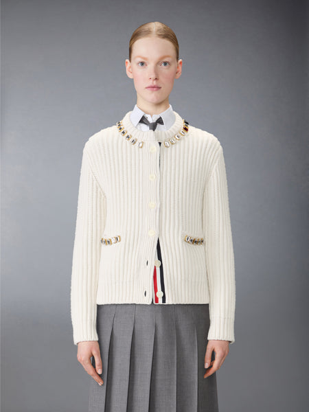 SWAROVSKI CRYSTAL HALF STITCH CASHMERE CARDIGAN WHITE