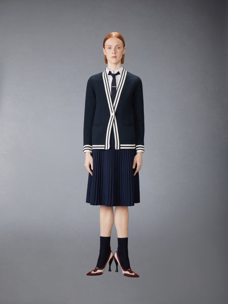 TUCK STITCH SILK CASHMERE & WOOL V NECK CARDIGAN NAVY