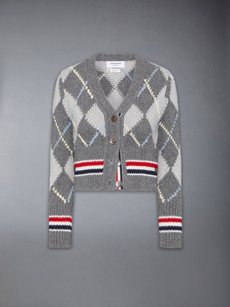 ARGYLE INTARSIA MERINO WOOL SHRUNKEN CARDIGAN TONAL GREY