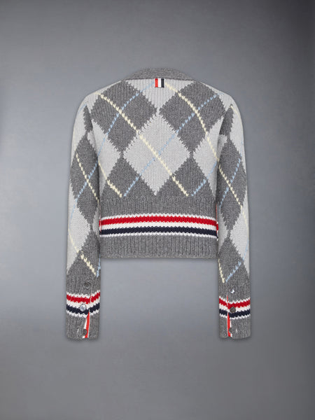 ARGYLE INTARSIA MERINO WOOL SHRUNKEN CARDIGAN TONAL GREY