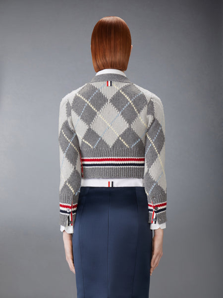 ARGYLE INTARSIA MERINO WOOL SHRUNKEN CARDIGAN TONAL GREY