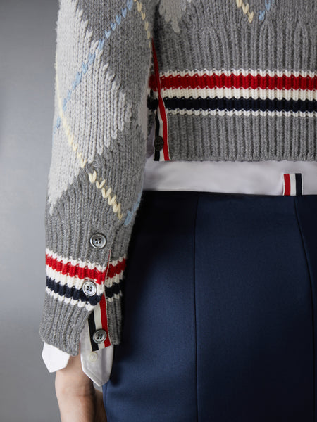 ARGYLE INTARSIA MERINO WOOL SHRUNKEN CARDIGAN TONAL GREY
