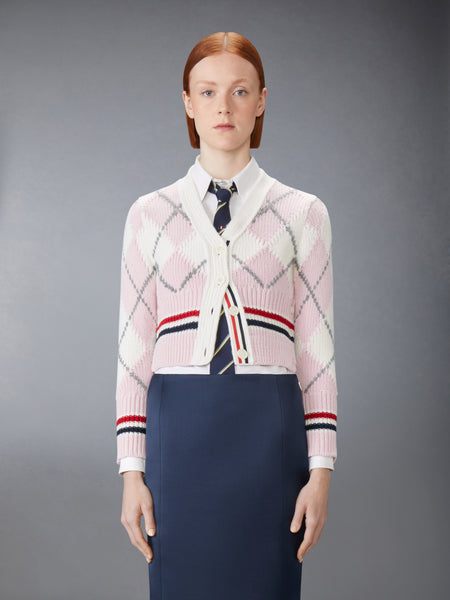 ARGYLE INTARSIA MERINO WOOL SHRUNKEN CARDIGAN LIGHT PINK